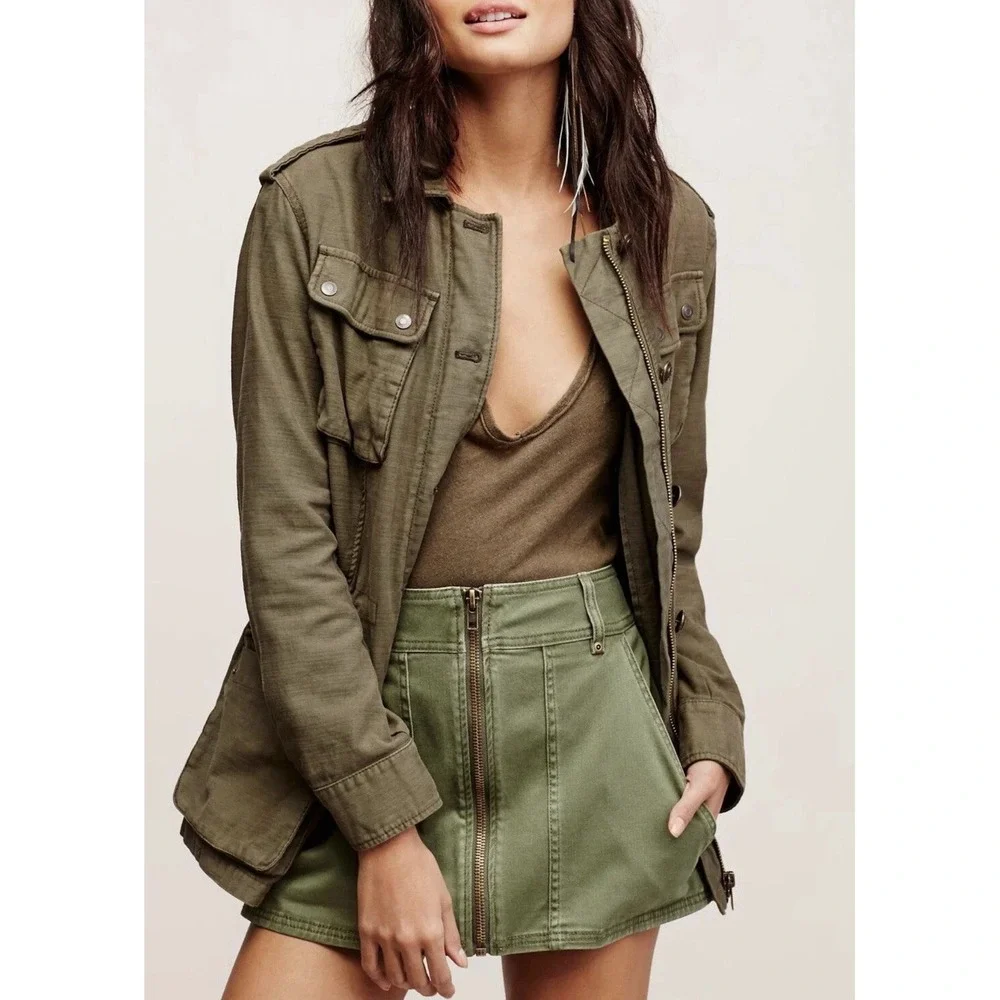 Free People Too Cool Military‎ Utility Mini Skirt Olive Zip Front Festival 6